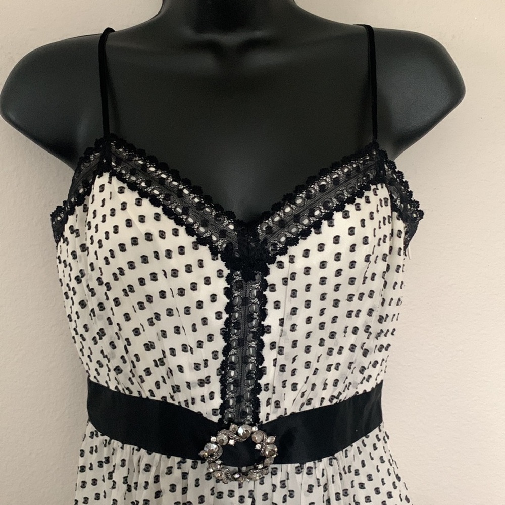 BCBG Vintage Retro Gothic Style Polka Swiss Dot Black and White Brooch Dress - Picture 2 of 11